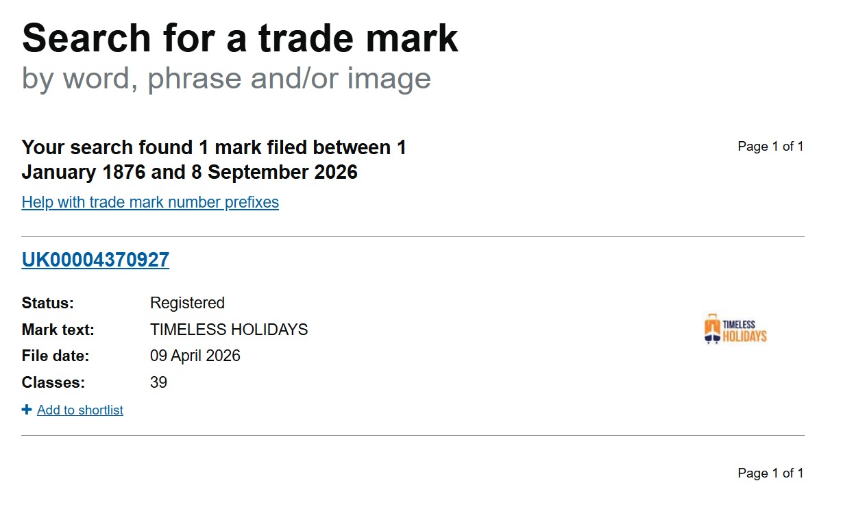 Timeless Holidays registered trade mark document