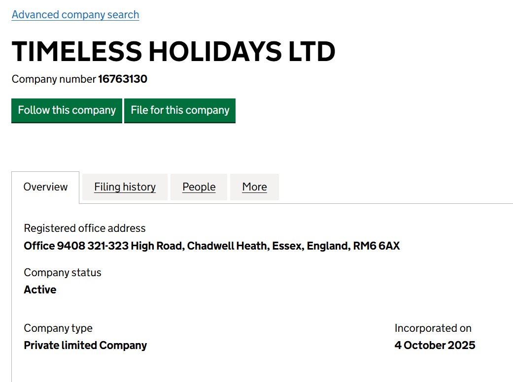 Timeless Holidays official company document